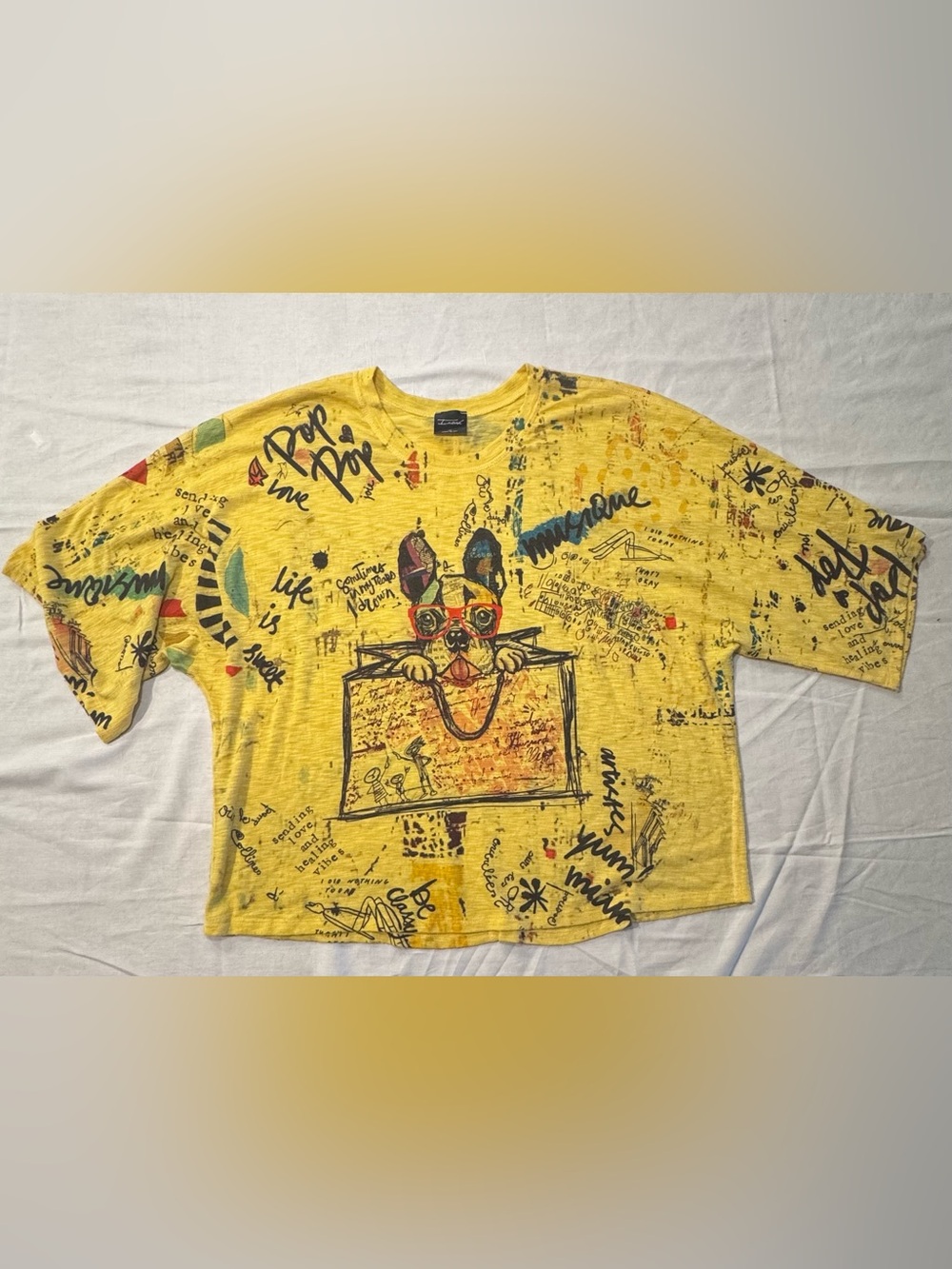 Inoah Wearable Art Dog Graphic Oversized Yellow Top Lagenlook Boho